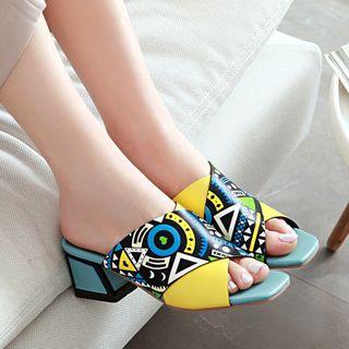 Color Block Block Heel Slide Sandals