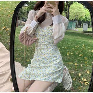 Chiffon Blouse / Spaghetti Strap Floral Print Mini Dress