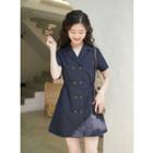 Short-sleeve Double-breasted Shirtdress Navy Blue - One Size