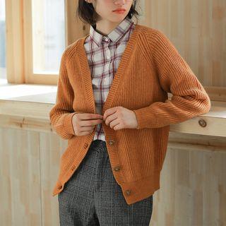 V-neck Chunky Knit Cardigan Pumpkin - One Size