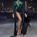 Velvet Slit Long-sleeve Maxi A-line Dress