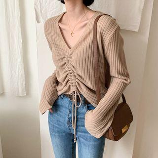 Colored Drawstring Rib-knit Top