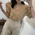 Puff-sleeve Frill Trim Pointelle Lace Top