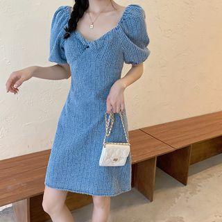 Puff-sleeve V-neck Mini A-line Denim Dress