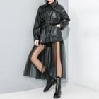 Sheer Panel Faux Leather Padded Jacket Black - One Size