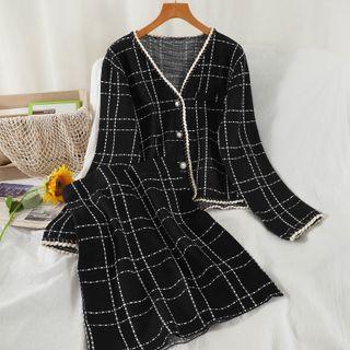 Set: Check Cardigan + Skirt Cardigan - Plaid - Black - One Size / Skirt - Plaid - Black - One Size