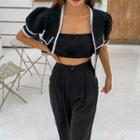 Set: Puff-sleeve Piped Cropped Jacket + Bandeau