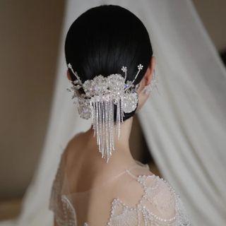 Rhinestone Fringed Headpiece / Drop Earring / Set