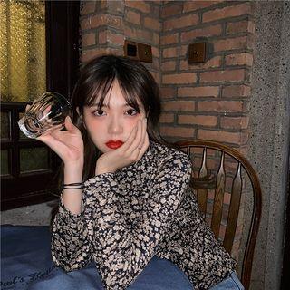 Mock-turtleneck Floral Print Long-sleeve Top Floral - Black - One Size