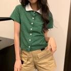 Short-sleeve Buttoned Striped Top Green - One Size