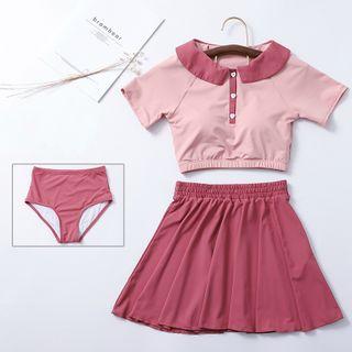 Set: Polo-neck Short-sleeve Swim Top + Swim Skirt + Shorts