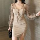 Long-sleeve Dotted Mesh Lace-up Mini Bodycon Dress