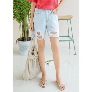Plus Size Elasticized-waist Ripped Denim Shorts