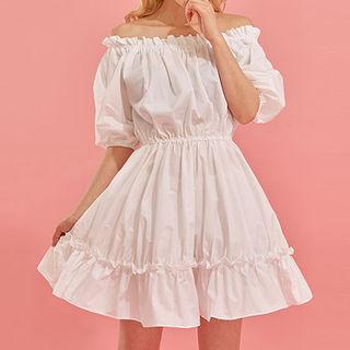 Off-shoulder Shirred A-line Mini Dress