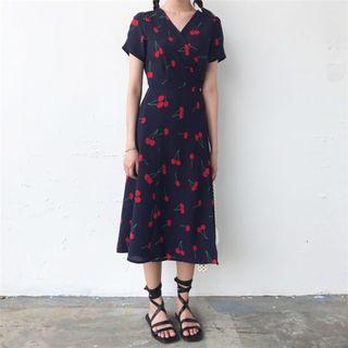Short-sleeve Cherry Pattern A-line Midi Dress