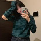 Long-sleeve Striped Cutout Knit Top Green - One Size