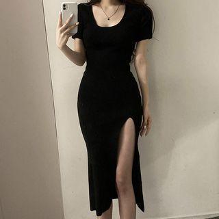 Short-sleeve Scoop Neck Side-slit Midi Bodycon Dress