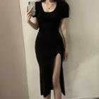 Short-sleeve Scoop Neck Side-slit Midi Bodycon Dress