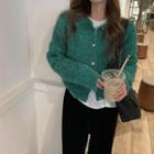 Long-sleeve Plain Cable Knit Cardigan Green - One Size