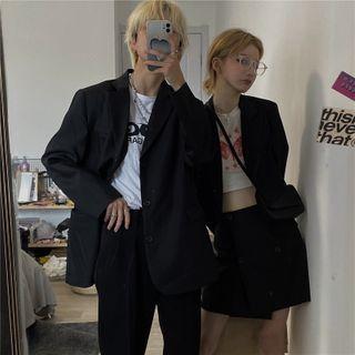 Lapel Collar Plain Blazer / Asymmetric Buttoned Mini Skirt