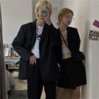 Lapel Collar Plain Blazer / Asymmetric Buttoned Mini Skirt