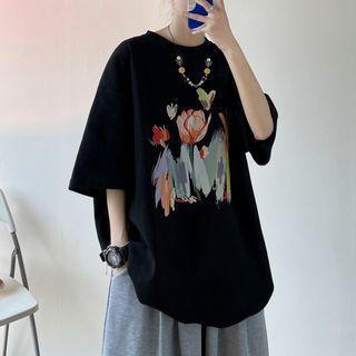 Elbow Sleeve Floral Print T-shirt