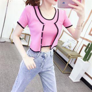 Set: Contrast Trim Top + Wide Leg Jeans