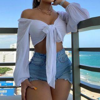 Plain Long-sleeve Tie-front Cropped Shirt