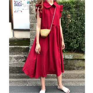 Frill Trim Sleeveless Collared Midi Dress