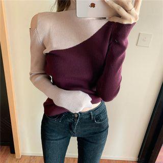 Long-sleeve Mock Neck Color Block Off-shoulder Knit Top