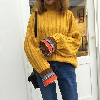 Striped Cuff Mock Neck Sweater