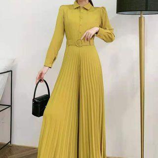 Long-sleeve Pleated Wide-leg Jumpsuit