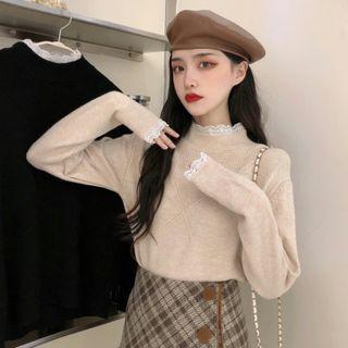 Mock Two-piece Mock-neck Lace Trim Knit Top