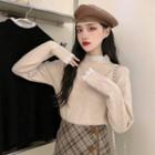 Mock Two-piece Mock-neck Lace Trim Knit Top