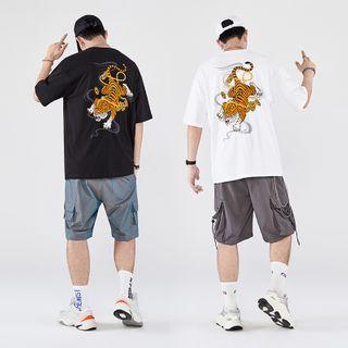 Tiger Embroidered Elbow-sleeve T-shirt