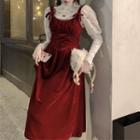 Mock-neck Puff-sleeve Lace Blouse / Velvet Overall Dress
