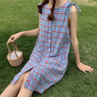 Sleeveless Plaid Buttoned A-line Mini Dress Blue - One Size