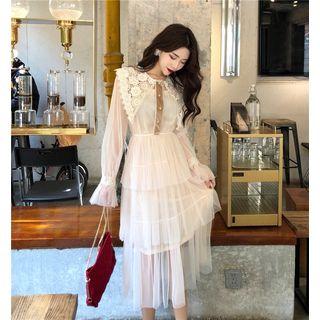Set Of 2: Long-sleeve Mesh Layer Dress + Camisole