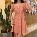 Square-neck Buttoned Short-sleeve Dress Pink - One Size