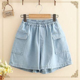 Elastic-waist Pocketed Denim Shorts