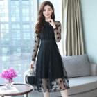 Long-sleeve Collared A-line Midi Lace Dress