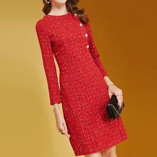 Tweed Long-sleeve Shift Dress