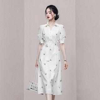 Puff-sleeve Floral Embroidered Shirtdress