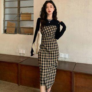 Set: Long-sleeve Plaid Panel Dress