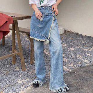 Mock Two-piece Frayed Flared Jeans