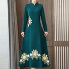 Long-sleeve Mandarin Collar Embroidered Midi A-line Dress