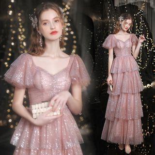 Short-sleeve Glitter Tiered Maxi A-line Gown