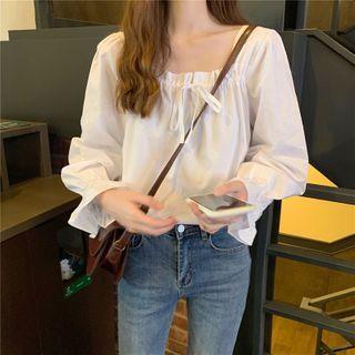 Long-sleeve Square-neck Plain Blouse White - One Size