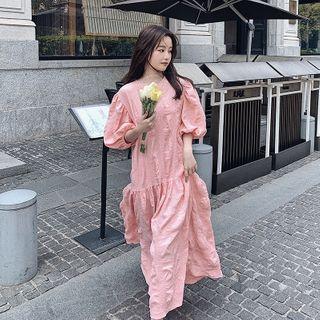 Plain Lantern-sleeve Ruched Panel Dress