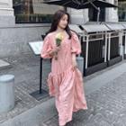 Plain Lantern-sleeve Ruched Panel Dress